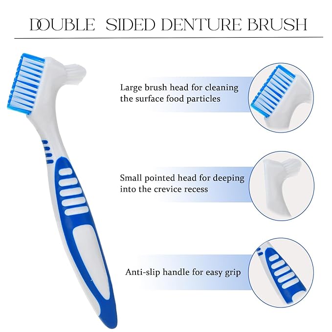 5PCS Denture Bath Case Cup Kit Denture Brush Kit Denture Cleaning Tools with 3 Denture Brushes and 2 Denture Storage Cases with Strainer Basket and Lid, Light Blue and White