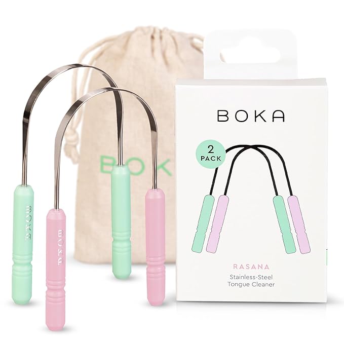 Boka Tongue Scraper for Adults & Kids with Case - Stainless Steel Tongue Cleaner w/Linen Travel Pouch - Scrubber to Remove Tongue Buildup and Freshen Breath (Pack of 2), Green and Pink