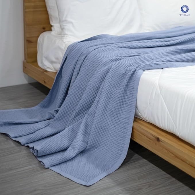 GOTS Certified Organic Cotton Waffle Weave Cozy Throw Blanket for Twin Bed & Couch - 66"X90", Modern Home Decor - Powder Blue-StrideForce Fitness