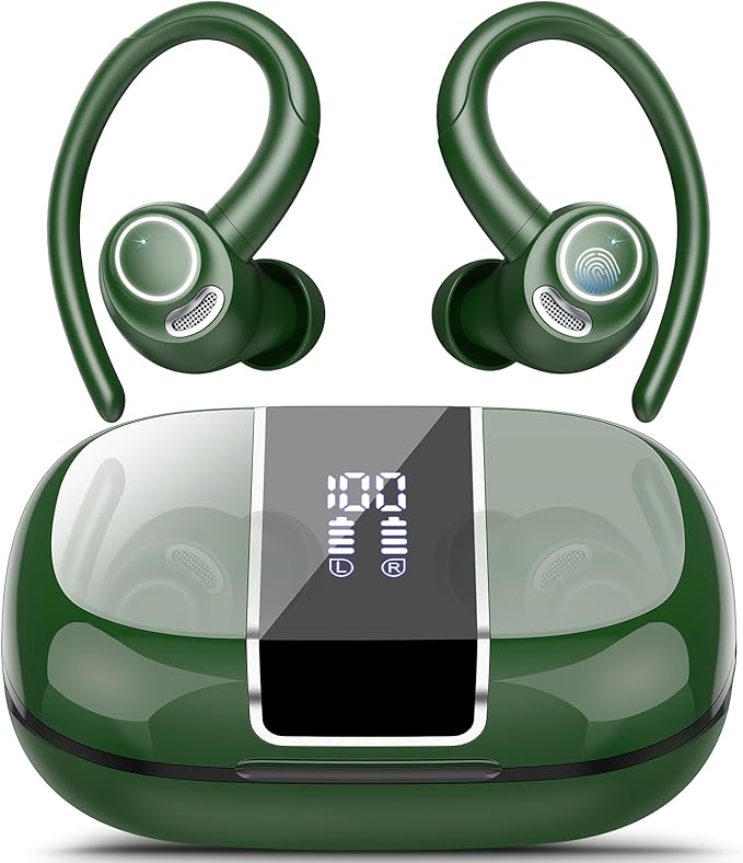 Wireless Earbuds Bluetooth 5.3 Headphones Sports, 48Hrs Playtime Bluetooth Earbuds with CVC 8.0 Mic, Stereo Bass Over Ear Bud with Earhooks, LED Display, IP7 Waterproof Earphon for Running Green-StrideForce Fitness