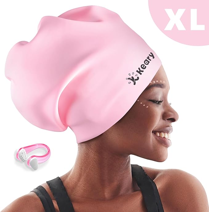 Keary Extra Large Swim Cap for Braids and Dreadlocks Extensions Weaves Long Hair, Waterproof Silicone Cover Ear Bath Pool Shower Swimming Cap for Adult Youth to Keep Hair Dry, Easy to Put On and Off-StrideForce Fitness