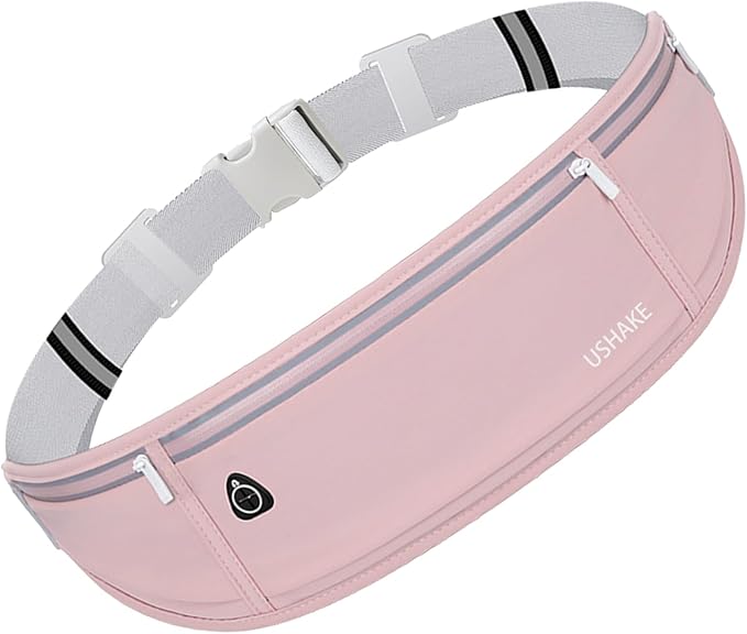 USHAKE Slim Running Belt, Workout Fanny Pack for Men Women,Exercise Waist Pack for Apple iPhone Holder, Runner Belt for Running Walking Cycling Camping Gym Light Pink-StrideForce Fitness