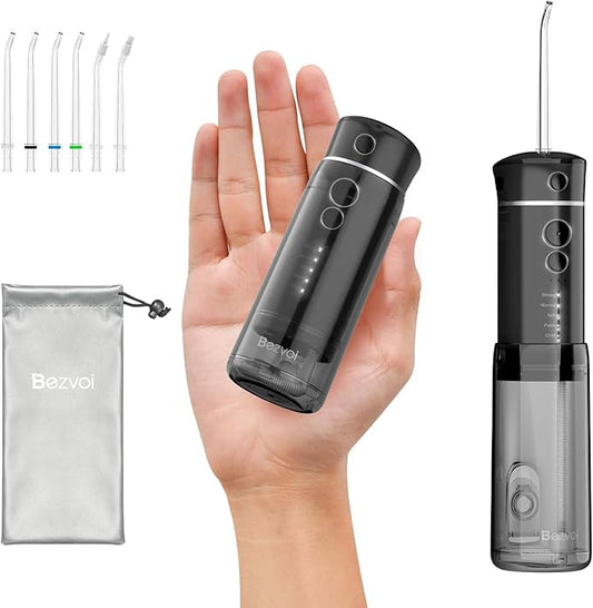 Water Flosser Mini Cordless Portable: 5 Modes Water Dental Floss with Telescopic Water Tank, 6 Tips, IPX7 Waterproof Oral Irrigator for Teeth Cleaning Gums,Orthodontic,Braces Dental Care (Black)
