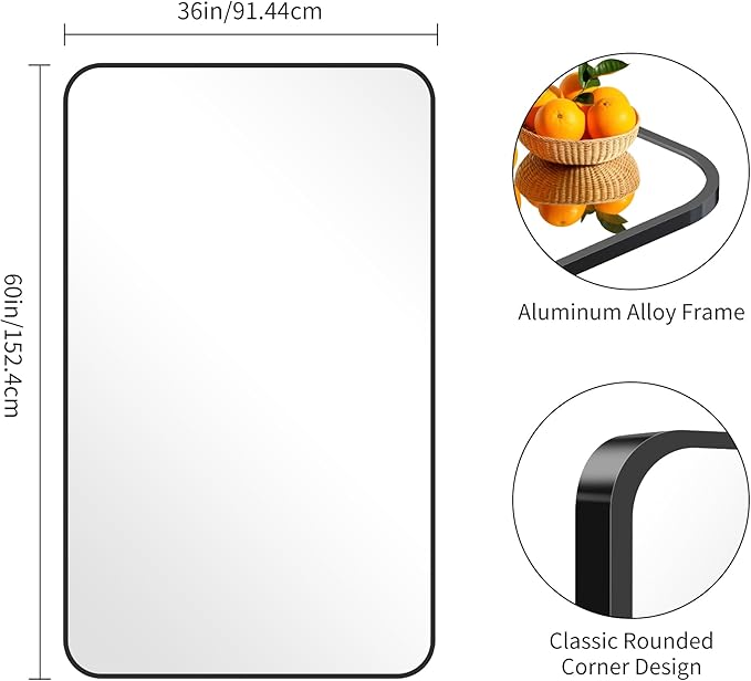 FORBATH Large Bathroom Mirror 60x36 Inches, Black Oversized Wall Mirror for 2 Sinks Aluminum Frame Wall Mounted Rounded Corner Morndern Mirror for Bathroom Bedroom Entryway Living Room-StrideForce Fitness