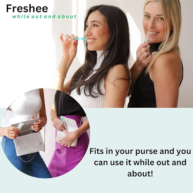 Freshee Bead -5 in 1 Disposable Mini Toothbrush with Refreshing Bead + Floss + Pick + Tongue Scraper | Travel Size | Individually Wrapped | Soft | Light Mint | Travel Set