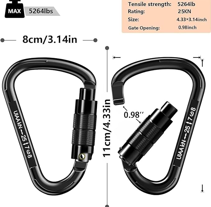 Auto Locking Carabiner Heavy Duty Carabiner 25kN UIAA Certified Climbing Carabiner Climbing Equipment Safety Carabiners for Rappelling, Hammocks, Rescue, Dog Leash, Swing-StrideForce Fitness