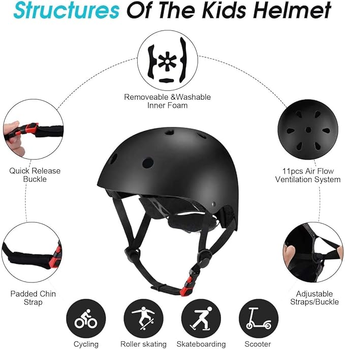 Adjustable Helmet for Ages 3-16 Kids Toddler Boys Girls Youth,Protective Gear with Elbow Knee Wrist Pads for Multi-Sports Skateboarding Bike Riding Scooter Inline skatings Longboard Roller Skate-StrideForce Fitness