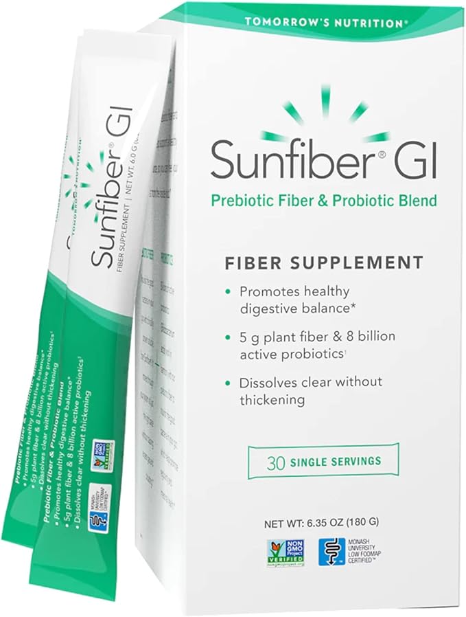 Tomorrow's Nutrition Sunfiber GI, Prebiotic Fiber & Probiotic Blend, 5g Prebiotic Fiber & 8 Billion Probiotics Per Serving, Low FODMAP, 30 Packets, Unflavored-StrideForce Fitness