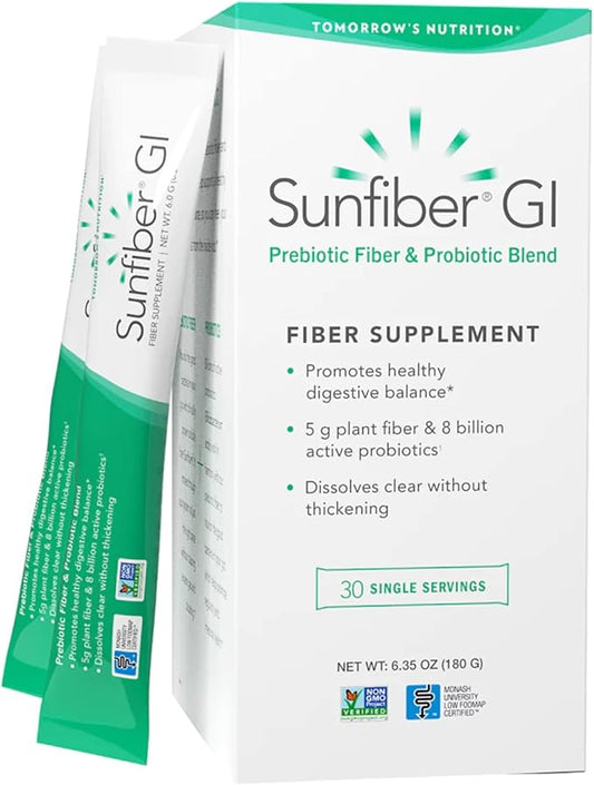 Tomorrow's Nutrition Sunfiber GI, Prebiotic Fiber & Probiotic Blend, 5g Prebiotic Fiber & 8 Billion Probiotics Per Serving, Low FODMAP, 30 Packets, Unflavored-StrideForce Fitness