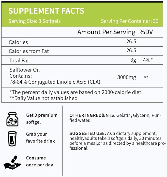 CLA 3000mg Softgels – Conjugated Linoleic Acid with Safflower Oil – CLA Supplement for Weight Management – Gluten Free – 90 Softgels-StrideForce Fitness