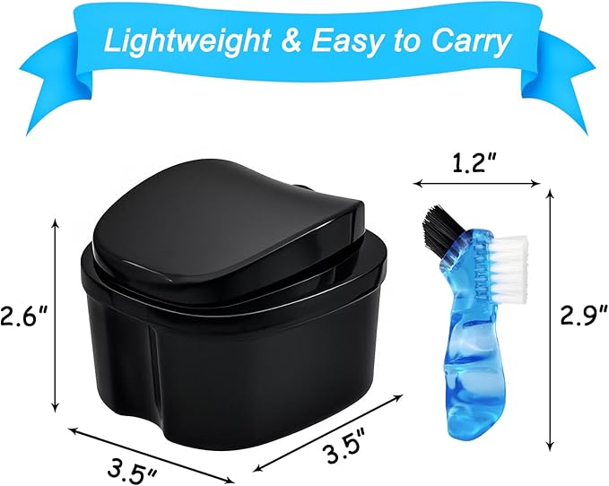 Black Denture Soaking Container Partial Denture Case, Orthodontic Retainer Cleaning Case Denture Cleaner Container Dentures Teeth Cup with Strainer and Lid Waterproof