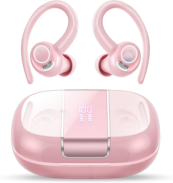 Wireless Earbuds Bluetooth 5.3 Headphones Sports, 48Hrs Playtime Bluetooth Earbuds with CVC 8.0 Mic, 2025 Stereo Bass Over Ear Bud with Earhooks, LED Display, IP7 Waterproof Earphon for Running Rose-StrideForce Fitness