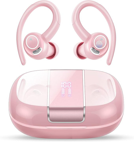 Wireless Earbuds Bluetooth 5.3 Headphones Sports, 48Hrs Playtime Bluetooth Earbuds with CVC 8.0 Mic, 2025 Stereo Bass Over Ear Bud with Earhooks, LED Display, IP7 Waterproof Earphon for Running Rose-StrideForce Fitness