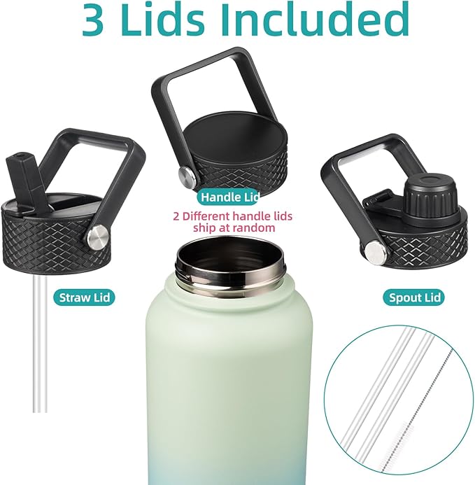 32 oz Insulated Water Bottle Stainless Steel Sport Bottles with 3 Lids,Mint-StrideForce Fitness