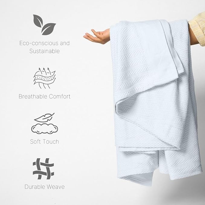 100% Cotton Herringbone Weave Blankets, 108"X90" King,Throw Blanket for Bed,All Season Cotton Blanket, Cozy Blanket,Throws Bed Blanket, Throw Blanket for Couch,Modern Home Decor -Light Blue-StrideForce Fitness