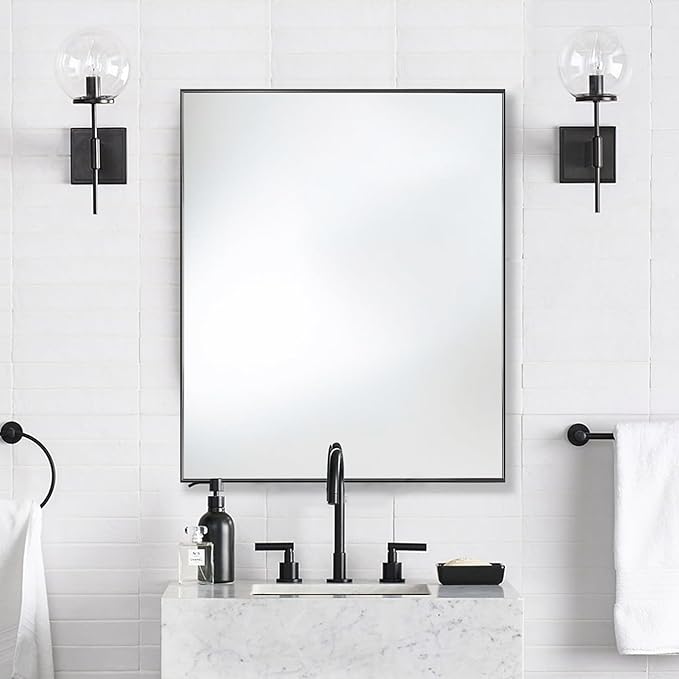 24x36 Inch Black Bathroom Mirror for Wall, Aluminum Frame Rectangle Rectangular Vanity Mirror, Modern Large for Bedroom, Living Room, Horizontal or Vertical-StrideForce Fitness