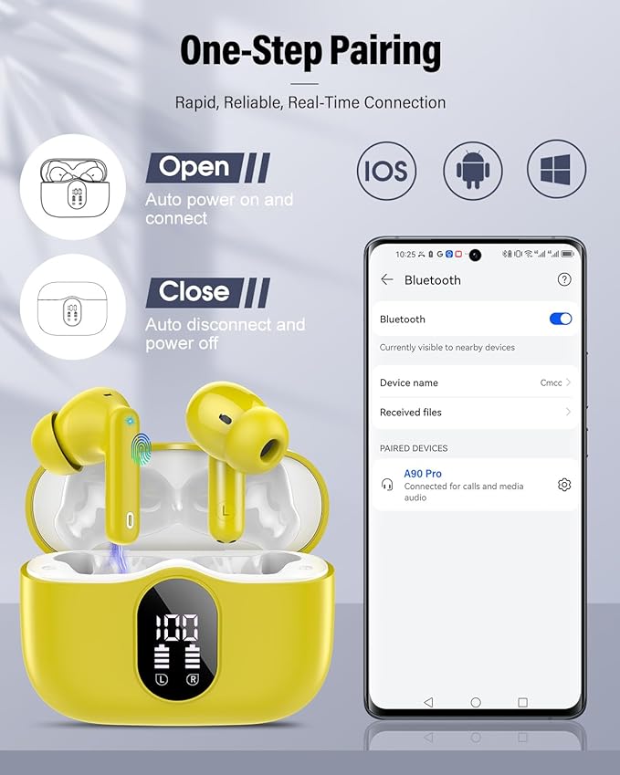 Wireless Earbuds, Bluetooth 5.4 Headphones Bass Stereo, Ear Buds with Noise Cancelling Mic, IP7 Waterproof in Ear Earphones, 36H LED Display Bluetooth Earbuds for Laptop Pad Phones Sports, Yellow-StrideForce Fitness