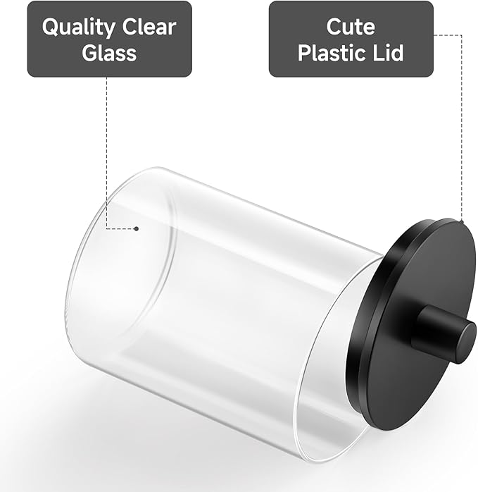 TIPGO Glass Qtip Holder Dispenser - 10 oz Clear Canister Apothecary Jar, Bathroom Vanity Storage Organizer Set for Cotton Swabs, Pads, Floss Picks, Small Containers for Makeup Storage (4 Pack, Black)