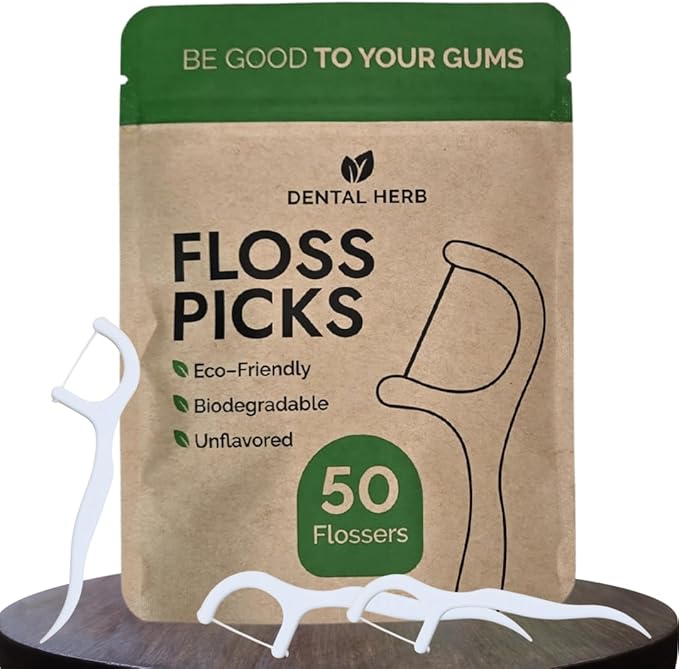 Dental Herb Company Biodegradable Dental Floss Picks, 200 Count (4×50) - Unflavoured, Plant-Based, Plastic-Free & BPA-Free Tooth Flossers, Vegan & Eco-Friendly Oral Care