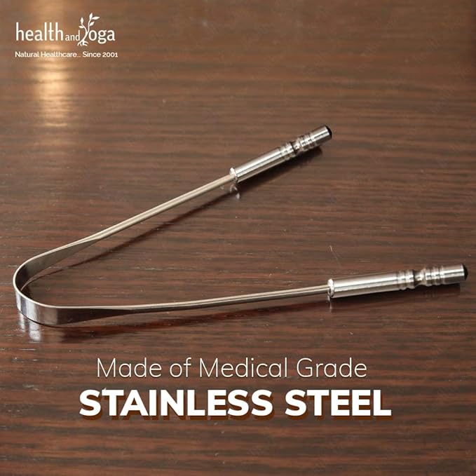 HealthAndYoga™ Tongue Cleaner Scraper with Storage Bag - Hygienic, Surgical Grade, Non-Synthetic Grip – Sterilizable Tongue Brush Cleaner (Surgical Steel - 2 Pack)