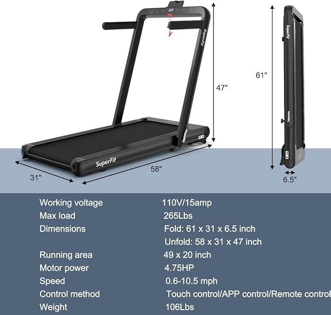 GYMAX Walking Pad, 4.75HP Under Desk Treadmill with LED Touch Screen, App Control, Built-in Speaker & Handle, 2 in 1 Folding Compact Portable Treadmill for Home Small Space-StrideForce Fitness