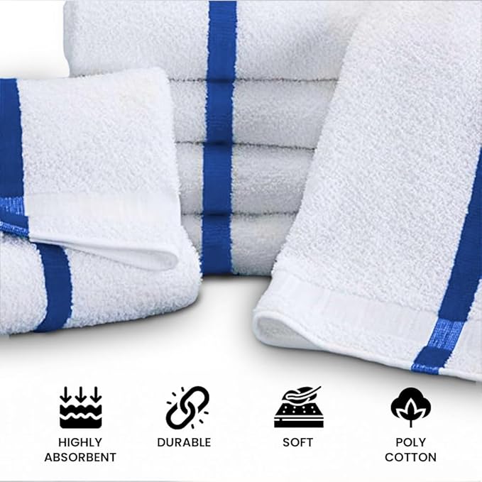Blue Center Stripe 120 Bulk Towels (22x44) – Economical Soft & Absorbent Bulk Pool Towels for Hotels - Lightweight & Quick Drying White Bath Towels Bulk for Gym & Salon - Durable & Fade Resistant-StrideForce Fitness