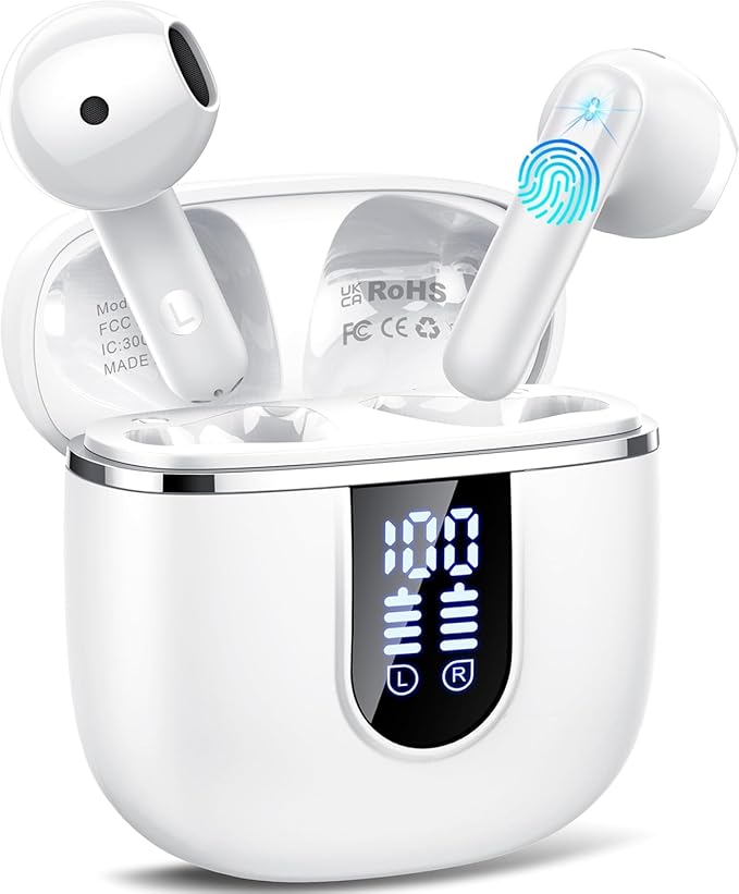 Wireless Earbuds, Bluetooth 5.4 Headphones with 3D Bass Stereo, 40H Ultralight in-Ear Buds, Bluetooth Earbuds with 4 ENC Noise Cancelling Mic, USB-C, IP7 Waterproof Earphones for Android iOS, Milky-StrideForce Fitness