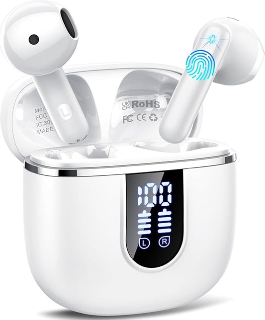 Wireless Earbuds, Bluetooth 5.4 Headphones with 3D Bass Stereo, 40H Ultralight in-Ear Buds, Bluetooth Earbuds with 4 ENC Noise Cancelling Mic, USB-C, IP7 Waterproof Earphones for Android iOS, Milky-StrideForce Fitness