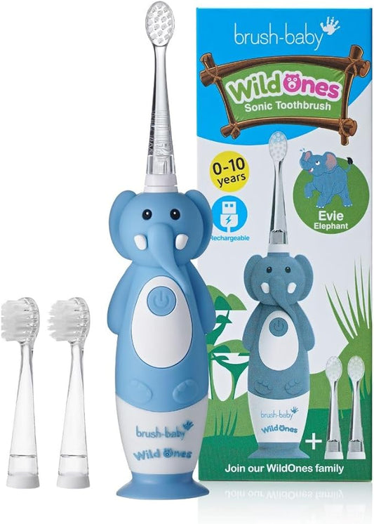 brush-baby WildOnes Kids Electric Rechargeable Toothbrush Elephant, 1 Handle, 3 Brush Heads, USB Charging Cable, for Ages 0-10 (Elephant)