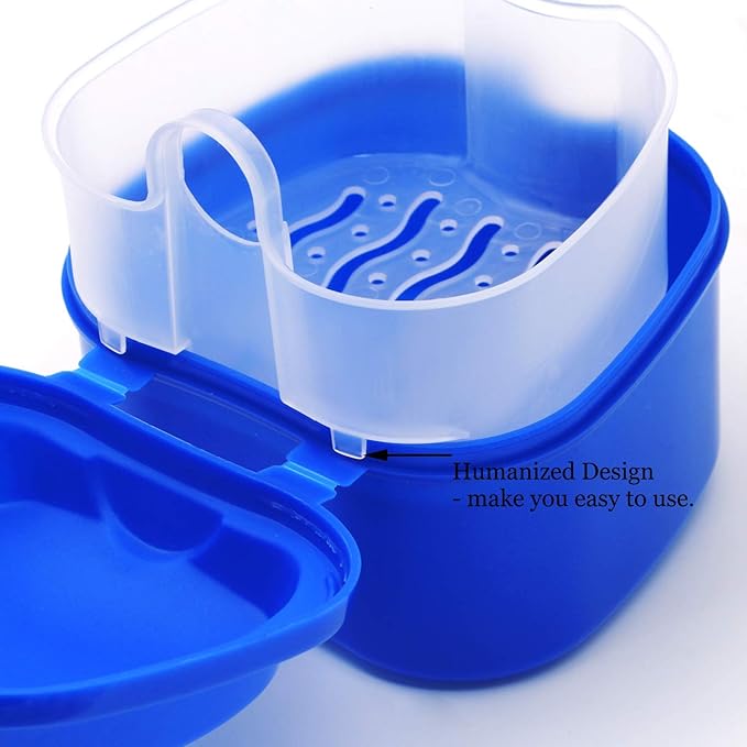 Denture Case, Denture Cup with Strainer, Coolrunner Denture Bath Box False Teeth Storage Box with Basket Net Container Holder for Travel, Retainer Cleaning (Blue) (Dark Blue)