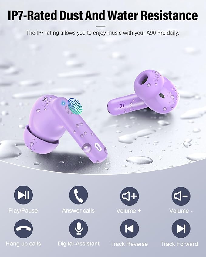 Wireless Earbuds, Bluetooth 5.4 Headphones Bass Stereo, Ear Buds with Noise Cancelling Mic, IP7 Waterproof in Ear Earphones, 36H LED Display Bluetooth Earbuds for Laptop Pad Phones Sports, Purple-StrideForce Fitness