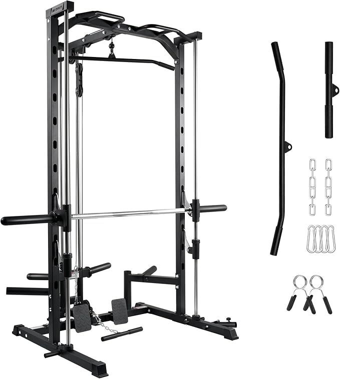 RitFit Smith Machine Power Rack with LAT-Pull Down System, Landmine, Barbell Bar, Plate Storage Pegs and More Training Attachment-StrideForce Fitness