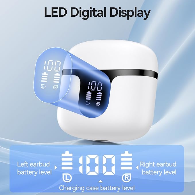 Wireless Earbuds, 2025 Bluetooth 5.3 Headphones HiFi Stereo 50H Playback Ear Buds with Led Digital Display, ENC Noise Cancelling Earbuds for Laptop Computer, iOS, Android, White-StrideForce Fitness