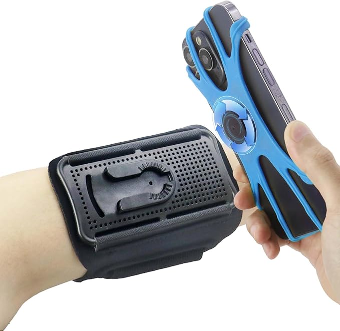 Wristband Phone Holder for Running, 360°Rotation & Detachable Sports Armband with Key Holder for iPhone 16/15/14/13/12/Pro/Pro Max/XS/XR/X/8/7/6/Plus, Fits 4.5-7 Inch Smartphones (Blue)-StrideForce Fitness