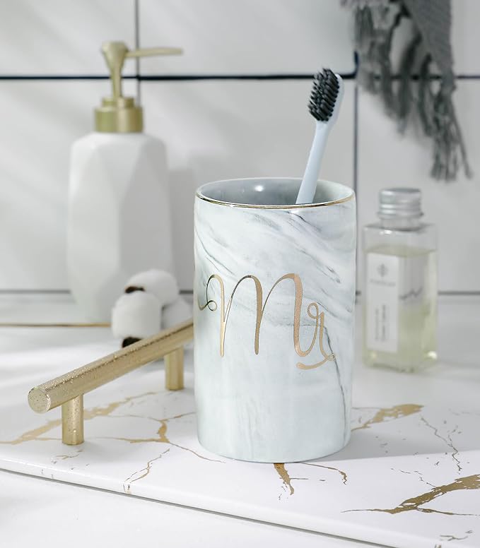 Kelake Ceramic Rustic Gray Marble Bathroom Tumbler Cup for Mouthwash Rinsing Toothbrush and Toothpaste Holder Letters Stand Cups 280 ml Porcelain Milk Drinking Cups for Christmas Birthday