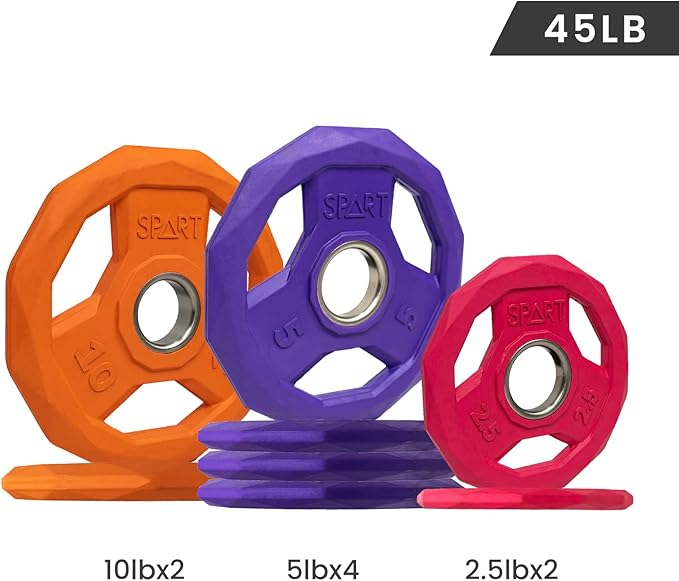 SPART Color Coded Weight Plate 2-Inch Rubber Coated Olympic Grip Plate for Barbell, Solid Cast Iron Weight Plates for Strength Training, Weightlifting, Crossfit, Home Gym, 2.5LB/5LB/10LB/25LB/35LB/45LB, Pair-StrideForce Fitness