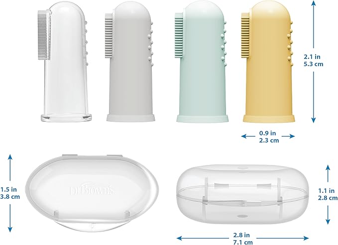Dr. Brown's 100% Silicone Baby Finger Toothbrush and Toothpaste Set, 2-Pack Toothbrush with Storage Case, Fluoride-Free Strawberry Toddler Toothpaste, Gray & Yellow