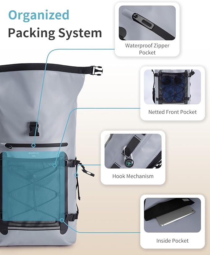 ECOHUB Waterproof Backpack for Women Men, 30L Roll-Top Closure Heavy Duty Dry Bag for Travel with IPX8 Waterproof Phone Case-StrideForce Fitness