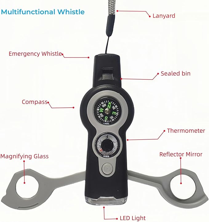 7 in 1 Emergency Survival Whistle with Compass, Outdoor Multi-Functional Hiking Safety Tool with Lanyard-StrideForce Fitness