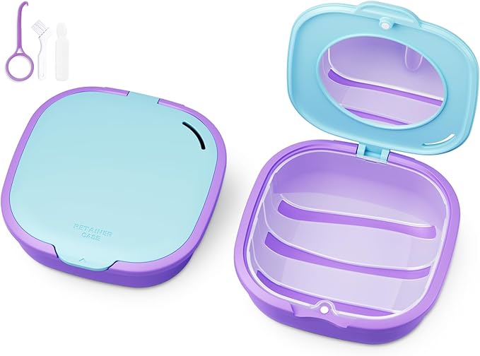 Magnetic Retainer Box with Mirror, Compact Denture Case with Vent Holes & Retainer Remover Tool & Chewies & Brush, Protable Aligner Cleaner Case for Night Mouth Guards, Braces (Blue Purple)
