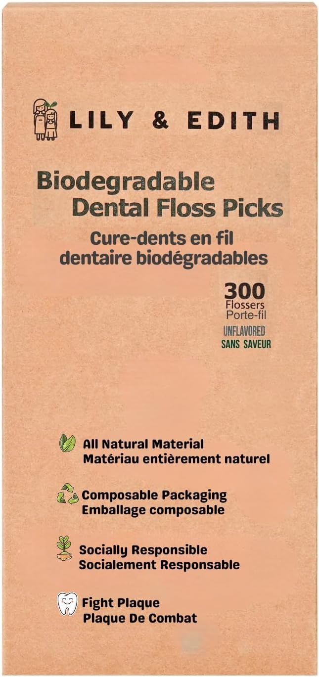 LILY & EDITH Plant Based Dental Floss Picks Adults and Kids 300 Counts, Fluoride-Free, Plant Based Straw Wheat, Earth Friend, Zero Waste Package, Shred Resistant (Unflavored)