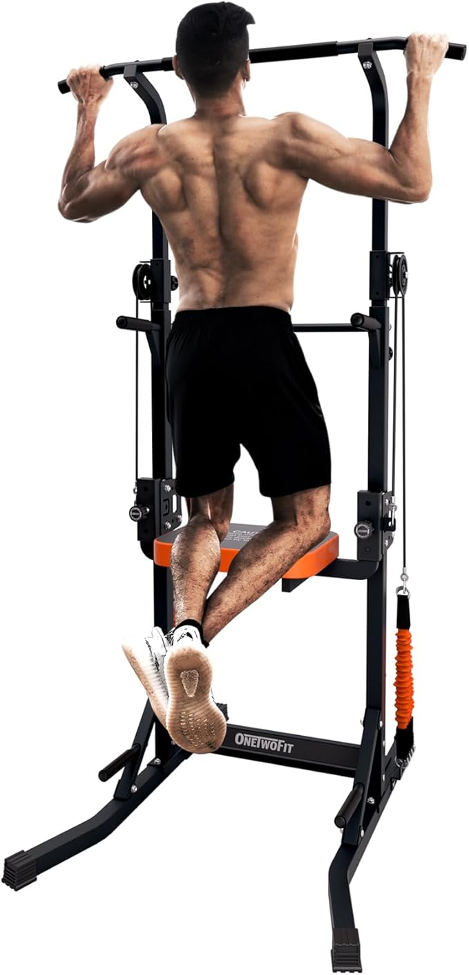 ONETWOFIT Power Tower Pull Up Bar Station Assistive Trainer, Multi-Function Adjustable Height Dip Station for Home Gym Workout, Strength Training Fitness Equipment, Pull Up Stand 360LBS-StrideForce Fitness