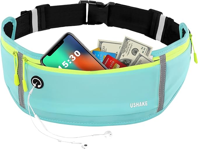USHAKE Slim Running Belt, Workout Fanny Pack for Men Women,Exercise Waist Pack for Apple iPhone Holder, Runner Belt for Running Walking Cycling Camping Gym Mint blue-StrideForce Fitness