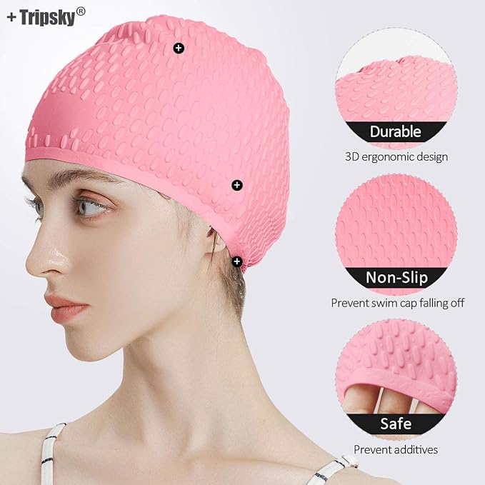 Tripsky Silicone Swim Cap,Comfortable Bathing Cap Ideal for Curly Short Medium Long Hair, Swimming Cap for Women and Men, Shower Caps Keep Hairstyle Unchanged…-StrideForce Fitness