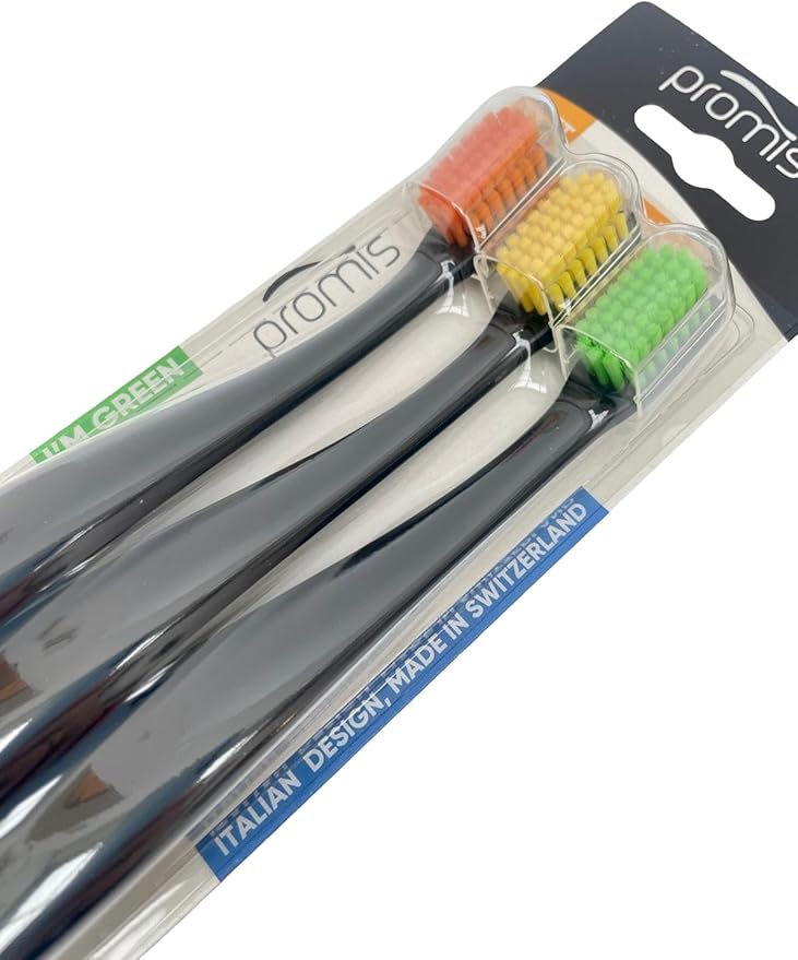 PROMIS Toothbrush 3-Pack Refill | Ecofriendly Soft Toothbrush | Renewable Bioplastic | 6750 Soft Bristles | Swiss Made Italian Design (Black)