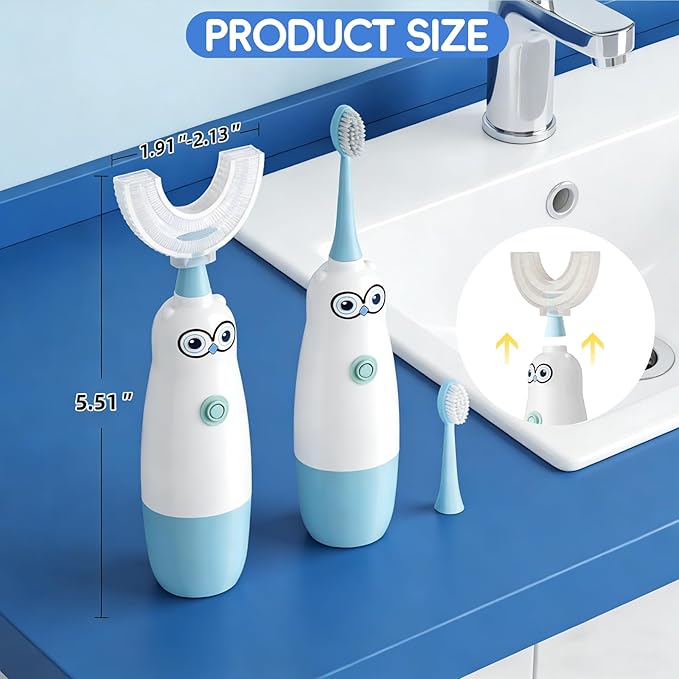 Kids Electric Toothbrush，360-Degree Sonic Vibration, IPX7 Waterproof,Toddler U Shaped Toothbrush with 2 Soft Brush Head,Cute Owl Design Baby Toothbrush for Ages 8–13（Blue）