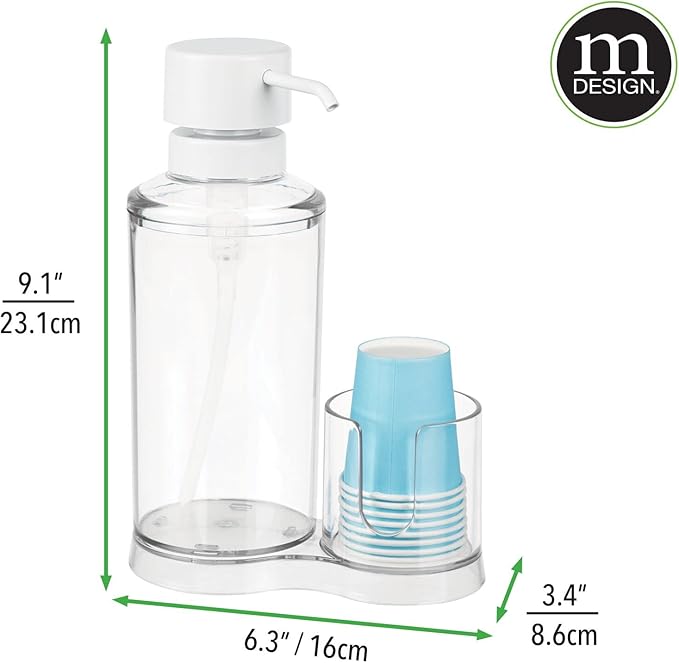 mDesign Plastic Refillable Mouthwash Dispenser and Cup Storage Organizer for Bathroom Vanity, Countertop, Cupboard - Includes 8 Paper Cups - Lumiere Collection - Clear/Matte White