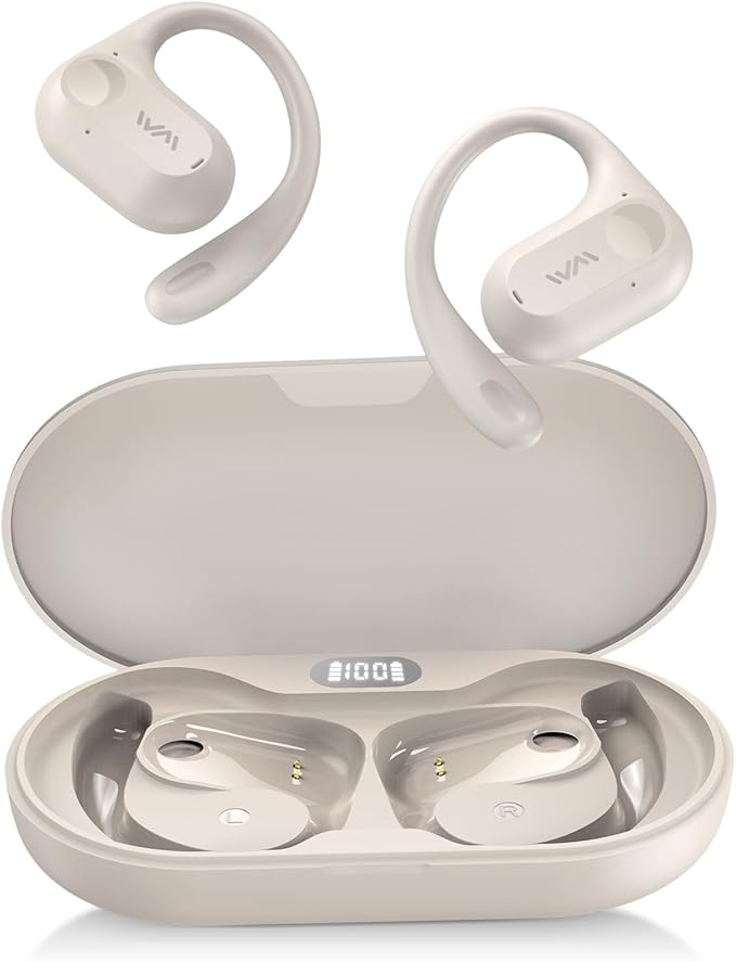 Open Ear Headphones,Wireless Bluetooth 5.3 Air Conduction Open Earbuds,Comfort & Secure Fit ,Powerful Bass,Clear Calls,30H Playback,Light Weight Sports Headsets with Ear-Hook for Workout,Running,Beige-StrideForce Fitness