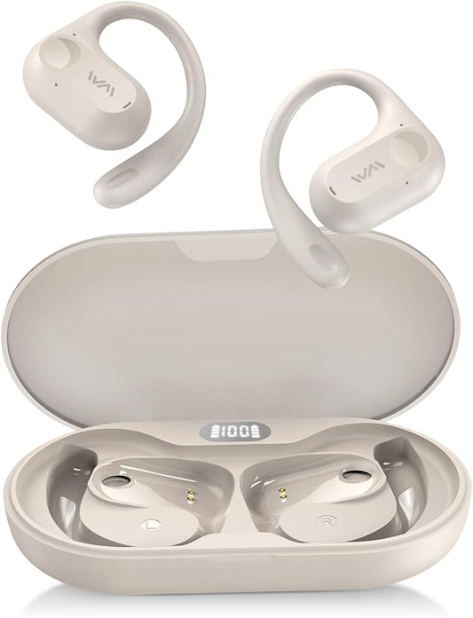 Open Ear Headphones,Wireless Bluetooth 5.3 Air Conduction Open Earbuds,Comfort & Secure Fit ,Powerful Bass,Clear Calls,30H Playback,Light Weight Sports Headsets with Ear-Hook for Workout,Running,Beige-StrideForce Fitness