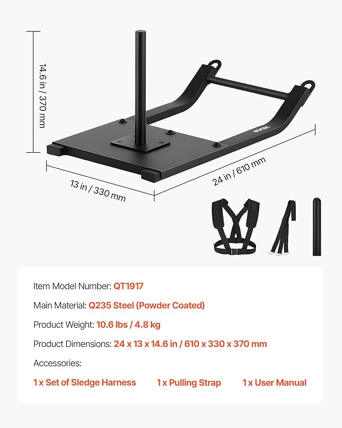 VEVOR Weight Sled, Steel Power Sled, Fitness Strength Training Sleds for Athletic Exercise Speed Improvement, Workout Fitness Equipment with Harness, Compatible with 1/2 in Weight Plates, Black-StrideForce Fitness